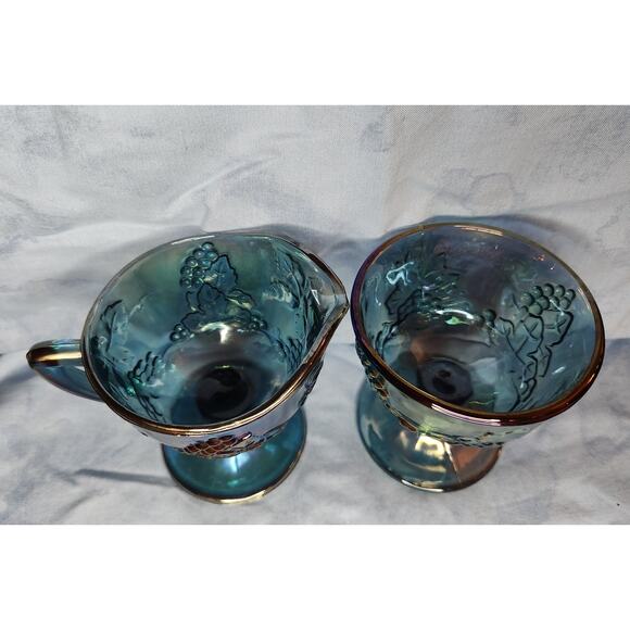 Blue Carnival Glass Cream and Sugar Set Harvest Grape 70s - Picture 4 of 6